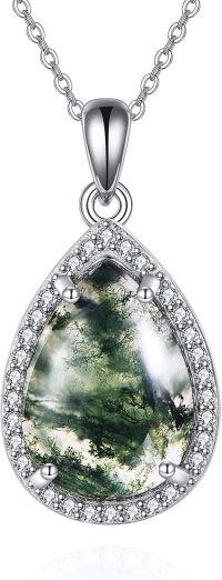 wholesale 925 Sterling Silver Green Moss Agate Teardrop Pendant Necklace with Cubic Zirconia Halo for Women-teardrop necklace