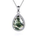 wholesale 925 Sterling Silver Green Moss Agate Teardrop Pendant Necklace with Cubic Zirconia Halo for Women-0-0