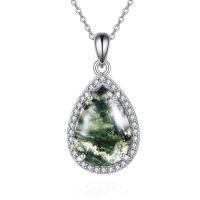 wholesale 925 Sterling Silver Green Moss Agate Teardrop Pendant Necklace with Cubic Zirconia Halo for Women-teardrop necklace