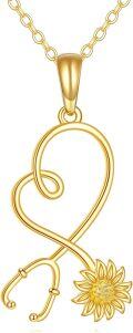 wholesale 14K Yellow Gold Sunflower Stethoscope Pendant Necklace for Nurses Gifts-0-0