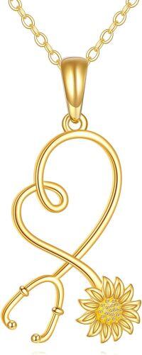 wholesale 14K Yellow Gold Sunflower Stethoscope Pendant Necklace for Nurses Gifts-Stethoscope Sunflower