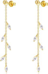 wholesale 14K Gold Threader Dangle Earrings with Marquise CZ Stones on Long Chains for Women-Leaf