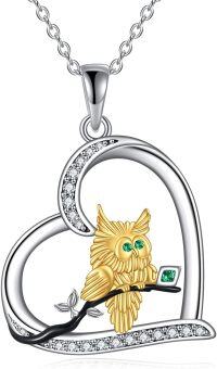 wholesale 925 Sterling Silver Owl Heart Pendant Necklace with Cubic Zirconia and Green Stone Charm for Women Girls Gifts-Owl Necklace