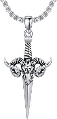 wholesale 925 Sterling Silver Ram Head Pendant with Horns and Spear Tip on Box Chain - For Men & Women-Goat Dagger