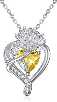 wholesale 925 Sterling Silver Citrine Heart-Shaped Floral Pendant Necklace for Women-11-November-Chrysanthemum