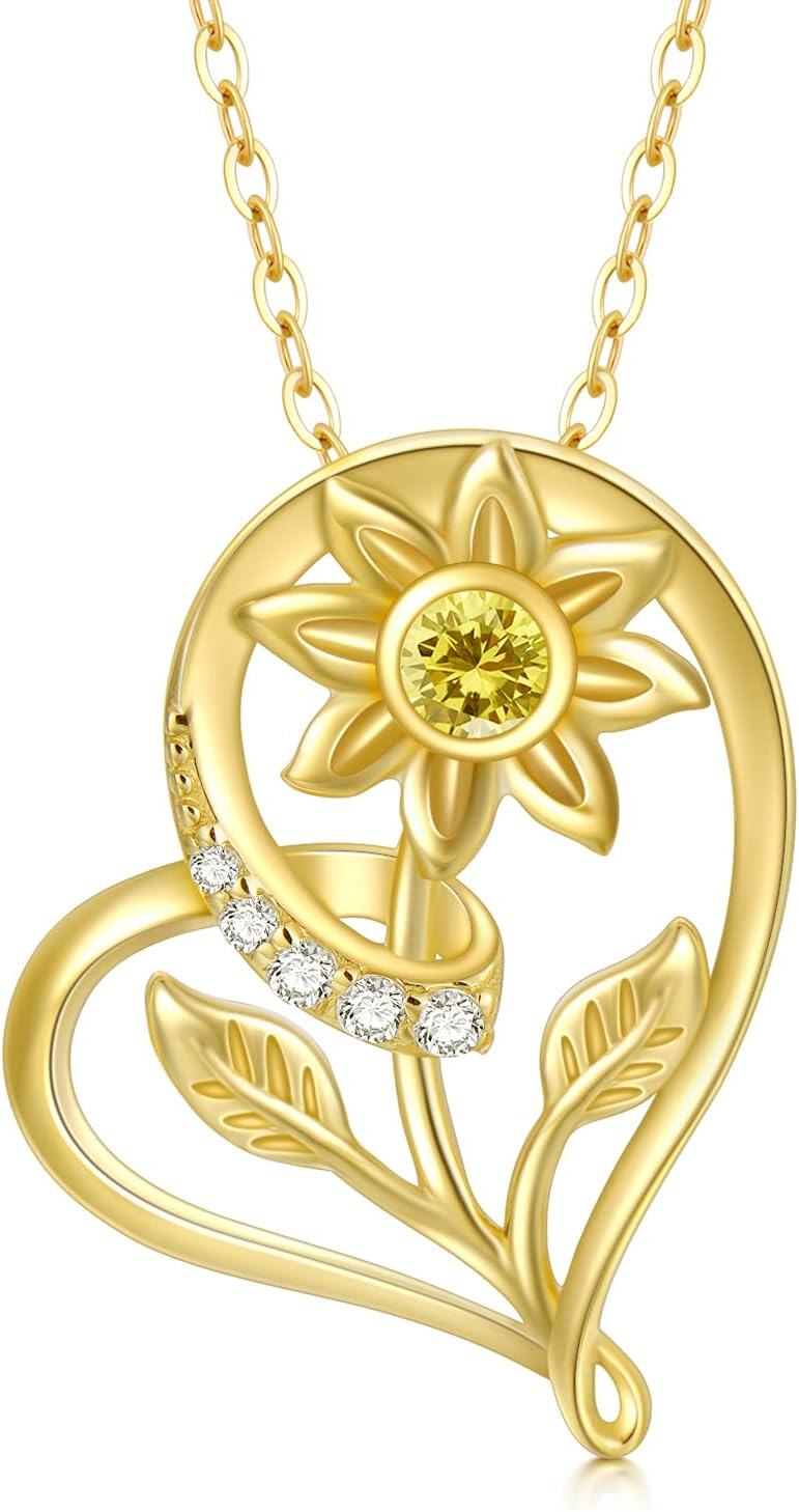 14K Gold Sunflower Heart Necklace for Women Real Gold Flower Pendant Fine Jewelry Gift for Wife Mom Girlfriend 16 18 -0-1