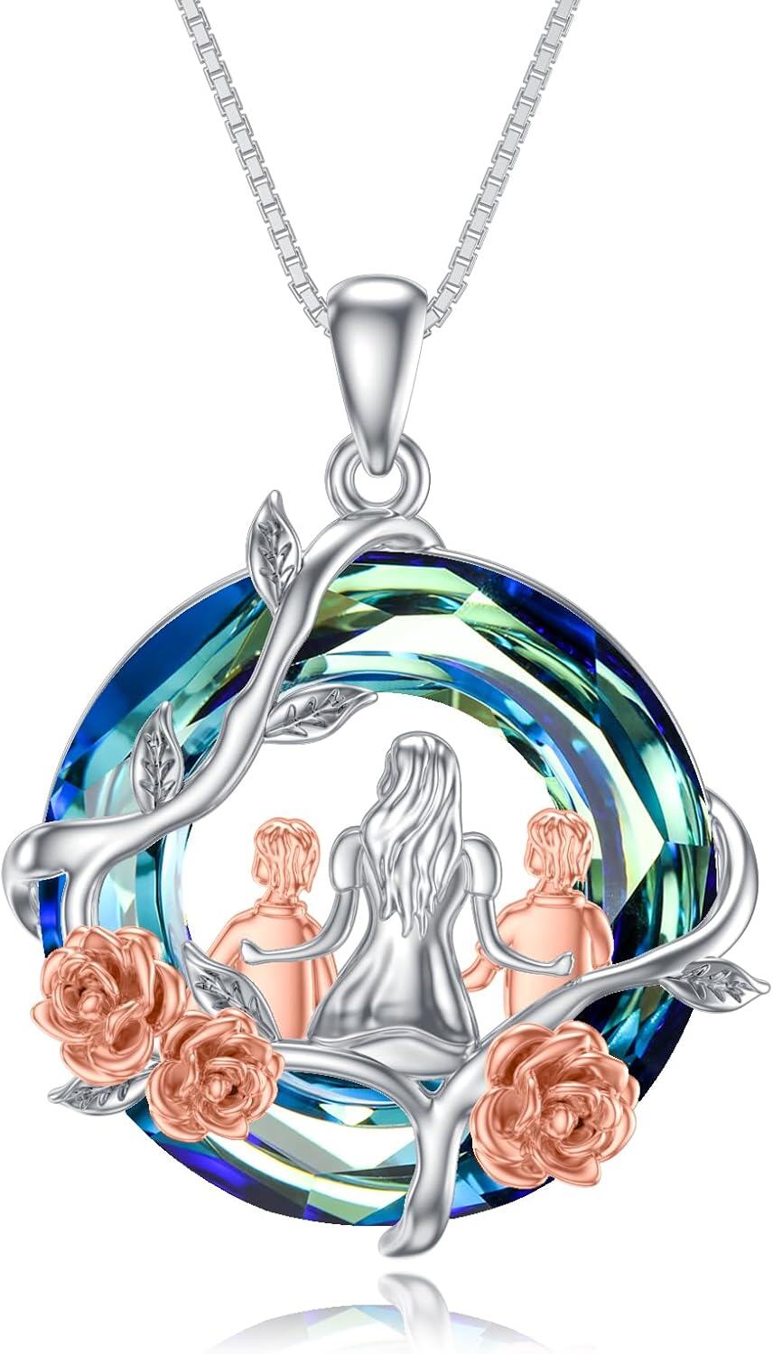 Sterling Silver Blue Crystal Mother and Children Rose Flower Necklace Gift for Mom-A-Mother Son 2