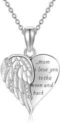 wholesale 925 Sterling Silver Angel Wing Heart Pendant Necklace - Mom I Love You to the Moon and Back Memorial Gift for Women Girls-0-0
