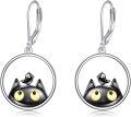 wholesale 925 Sterling Silver Black Cat with Bird Drop Earrings Leverback Jewelry for Women and Girls-0-0