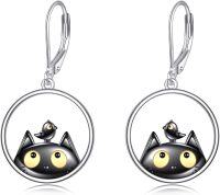 wholesale 925 Sterling Silver Black Cat with Bird Drop Earrings Leverback Jewelry for Women and Girls-Circle
