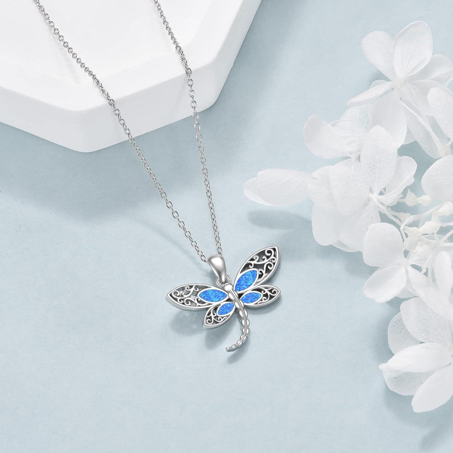 Sterling Silver Turquoise Moonstone Dragonfly Pendant Necklace for Women Mom-0-2