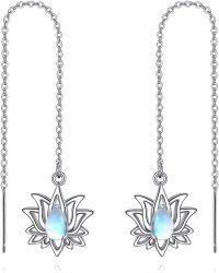 wholesale 925 Sterling Silver Lotus Flower Moonstone Threader Earrings for Women s-Lotus Moonstone