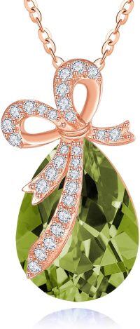 wholesale 925 Sterling Silver Crystal Bow Teardrop Birthstone Pendant Necklace-08-Aug-Peridot Green