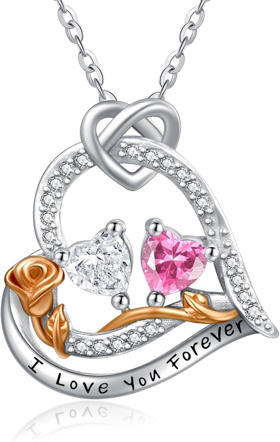  Sterling Silver 2 Birthstones Rose Heart Necklace for Women -04-10-Apr-Oct