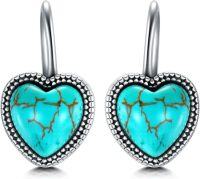 wholesale 925 Sterling Silver Heart-Shaped Genuine Turquoise Leverback Earrings (10-11 mm)-Heart