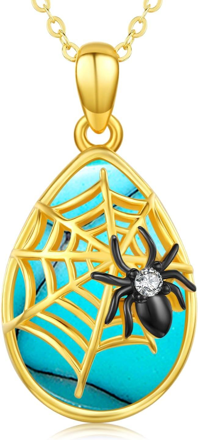 Sterling Silver Gold Plated Gothic Spider Necklace Halloween Goth Jewelry Gift-Turquoise