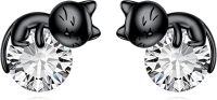 wholesale 925 Sterling Silver Black Cat Stud Earrings with Birthstone-B-April Birthstone Stud