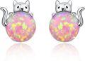 wholesale 925 Sterling Silver Pink Opal Cat Stud Earrings for Women and Girls - Adorable Animal  Set-0-0