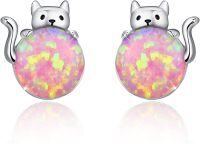 wholesale 925 Sterling Silver Pink Opal Cat Stud Earrings for Women and Girls - Adorable Animal  Set-Opal cat studs