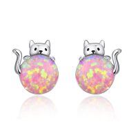 wholesale 925 Sterling Silver Cat Stud Earrings Wholesale With Opal Body-Opal cat studs