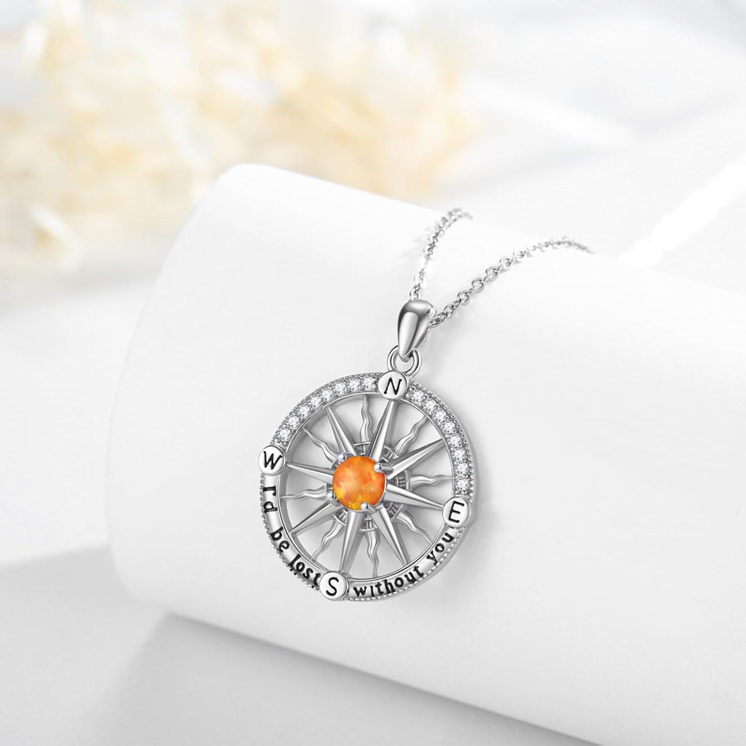 wholesale 925 Sterling Silver Orange Opal Compass Necklace I'd be lost without you Pendant Gift for Women-0-2