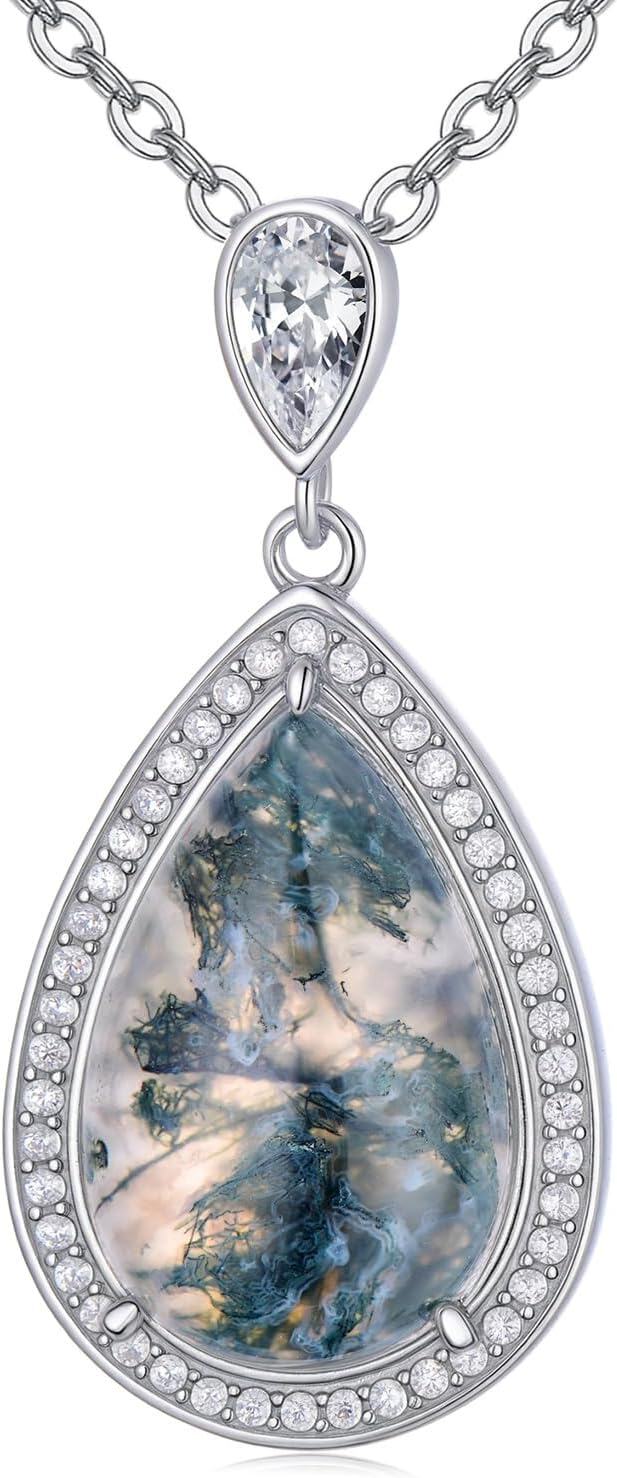 925 Sterling Silver Teardrop Moss Agate and Cubic Zirconia Halo Pendant Necklace for Women-0-0