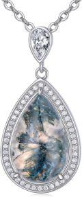 wholesale 925 Sterling Silver Teardrop Moss Agate and Cubic Zirconia Halo Pendant Necklace for Women-0-0