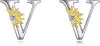 wholesale Sterling Silver Sunflower Initial Alphabet Letter Script Name Stud Earrings for Women-Initial V