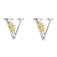 wholesale 925 Sterling Silver Sunflower Initial Alphabet Letter Script Name Stud Earrings for Women-Initial V