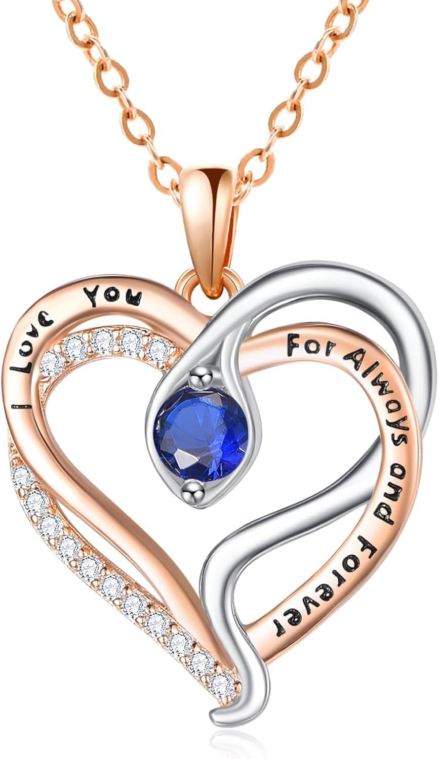 Sterling Silver Rose Gold Snake Pendant with Birthstone I Love You Always Forever Necklace Cute Animal Jewelry Gifts for Women-09 Sep - Sapphire