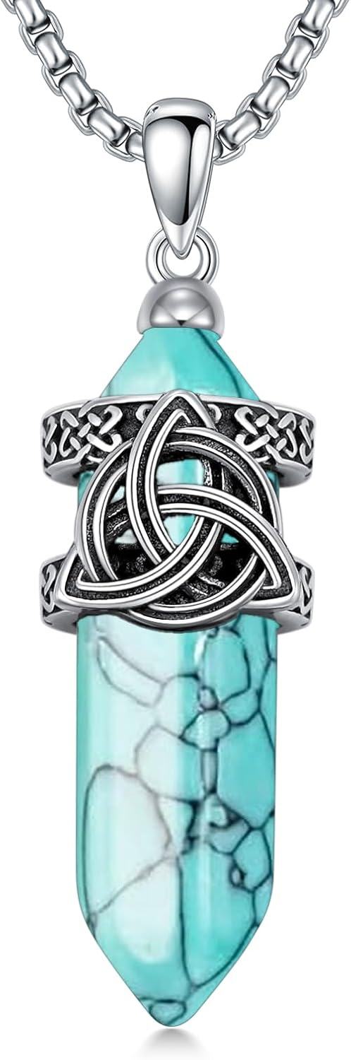 Sterling Silver Stone Celtic Knot Necklace for Men Women-B02-Celtic and Turquoise