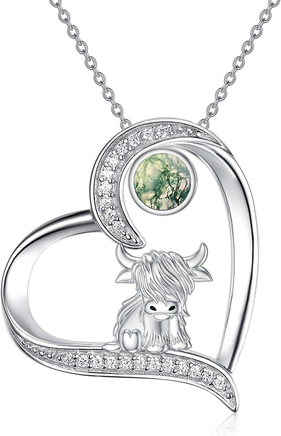 Sterling Silver Highland Cow Birthstone Necklace Jewelry Gifts for Women Girls-3-3-Moss Agate-3-3-Moss Agate