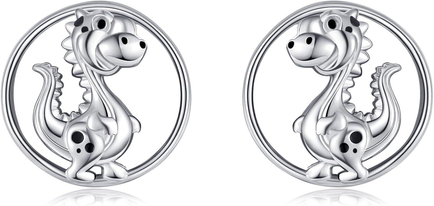 Sterling Silver Dragonfly Dragon Wolf Elephant Dinosaur Hedgehog Stud Earrings Animal Jewelry Gifts for Women-0-1