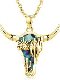 wholesale Sterling Silver Turquoise Cow Skull Necklace Western Cowgirl Jewelry-Gold Abalone
