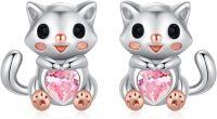 wholesale 925 Sterling Silver Cat Heart Pink Crystal Stud Earrings for Girls and Women Gift Boxed-B-Rat