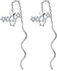 wholesale 925 Sterling Silver Stars & Moons Drop Dangle Threader Earrings w/Tassels for Girls and Women - Hypoallergenic  Set-Star C