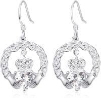 wholesale 925 Sterling Silver with Birthstone Claddagh Earrings for Women Irish Celtic Jewelry Gifts-04-April-Lab Created White Topaz