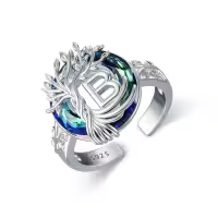 TOUPOP Sterling Silver Blue Crystal Adjustable Initial Open Ring For Women-undefined