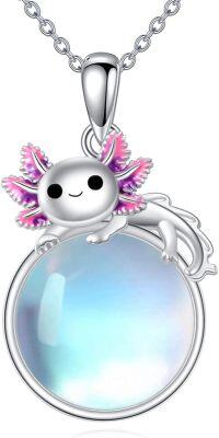wholesale 925 Sterling Silver Moonstone Axolotl Pendant Necklace with Pink and Purple Accents-A-Axolotl-A