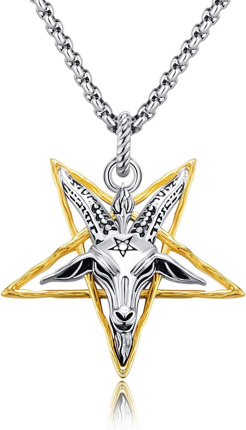 wholesale 925 Sterling Silver Satanist Baphomet Goat Head Inverted Pentagram Pendant Necklace-0-0