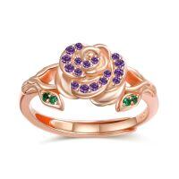 wholesale 925 Sterling Silver Rose Flower Adjustable Ring with Birthstone for Women-02 Feb - Amethyst