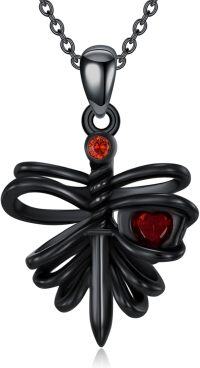 wholesale Black 925 Sterling Silver Red Heart Dragonfly Pendant Necklace for Women and Men-Skeleton and Sword
