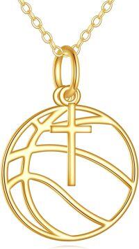 wholesale 14K Gold Basketball Cross Sports Pendant Necklace - 2 Tone Religious Gifts for Women & Men-Basketball Cross