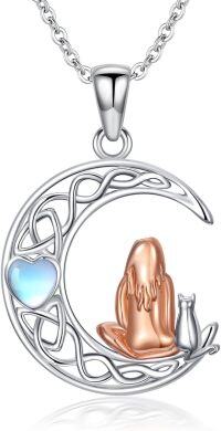 wholesale 925 Sterling Silver Moon Heart Pendant with Rose Gold Seal and Blue Stone Necklace-Cat-Girl
