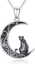wholesale 925 Sterling Silver Crescent Moon with Cat Pendant Necklace for Women Girls-0-0