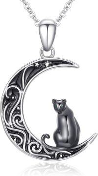 wholesale 925 Sterling Silver Crescent Moon with Cat Pendant Necklace for Women Girls-Black Cat Necklace