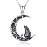 wholesale 925 Sterling Silver Crescent Moon Cat Pendant Necklace-Black Cat Necklace