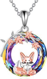 wholesale 925 Sterling Silver Rainbow Crystal Fox & Leaves Triple Moon Goddess Pendant Necklace-Fox