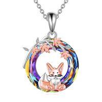 wholesale 925 Sterling Silver Rainbow Crystal Fox & Leaves Triple Moon Goddess Pendant Necklace-Fox