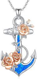 wholesale 925 Sterling Silver Anchor Pendant Necklace with Blue Opal and Rose Charms s for Women-0-0